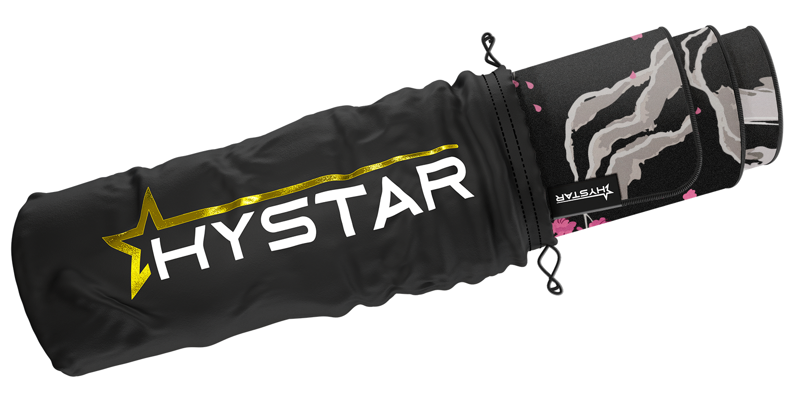 Hystar Sakura deskmat in Dark rolled up in its carry bag. Dark XXL (36" x 16"), Dark XXXL (45" x 20")