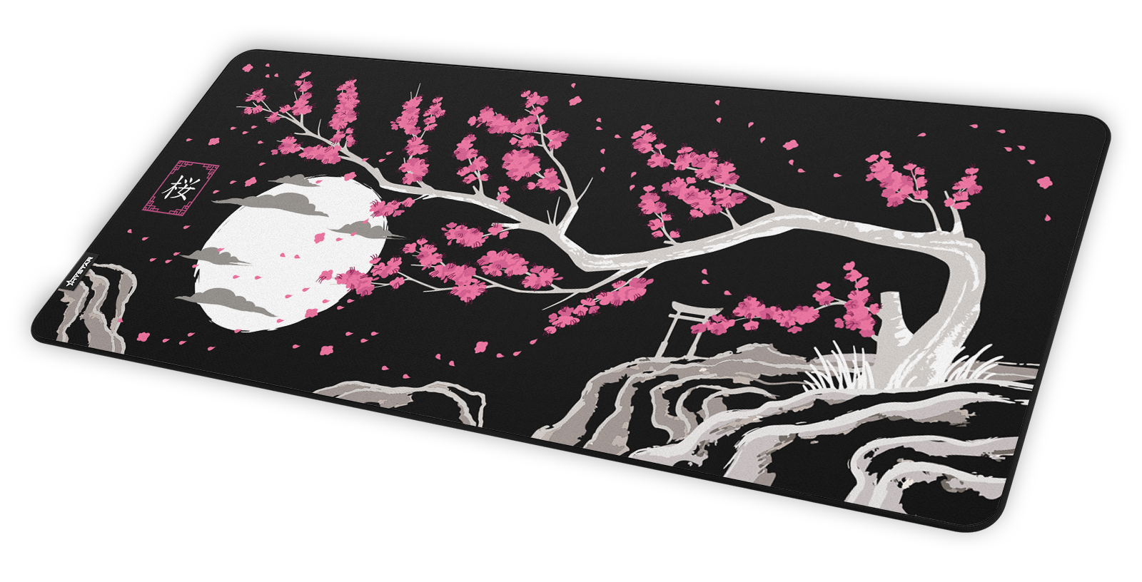 Hystar Sakura deskmat in Dark at an angle on a desk. Dark XXL (36" x 16"), Dark XXXL (45" x 20")