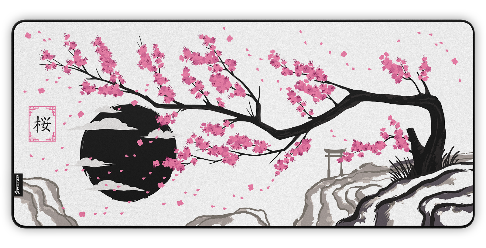 Hystar Sakura deskmat in Light, top-down view of the full print. Light XXL (36" x 16"), Light XXXL (45" x 20")