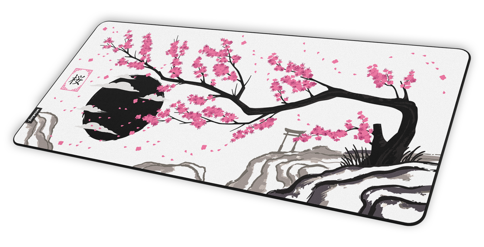 Hystar Sakura deskmat in Light at an angle on a desk. Light XXL (36" x 16"), Light XXXL (45" x 20")