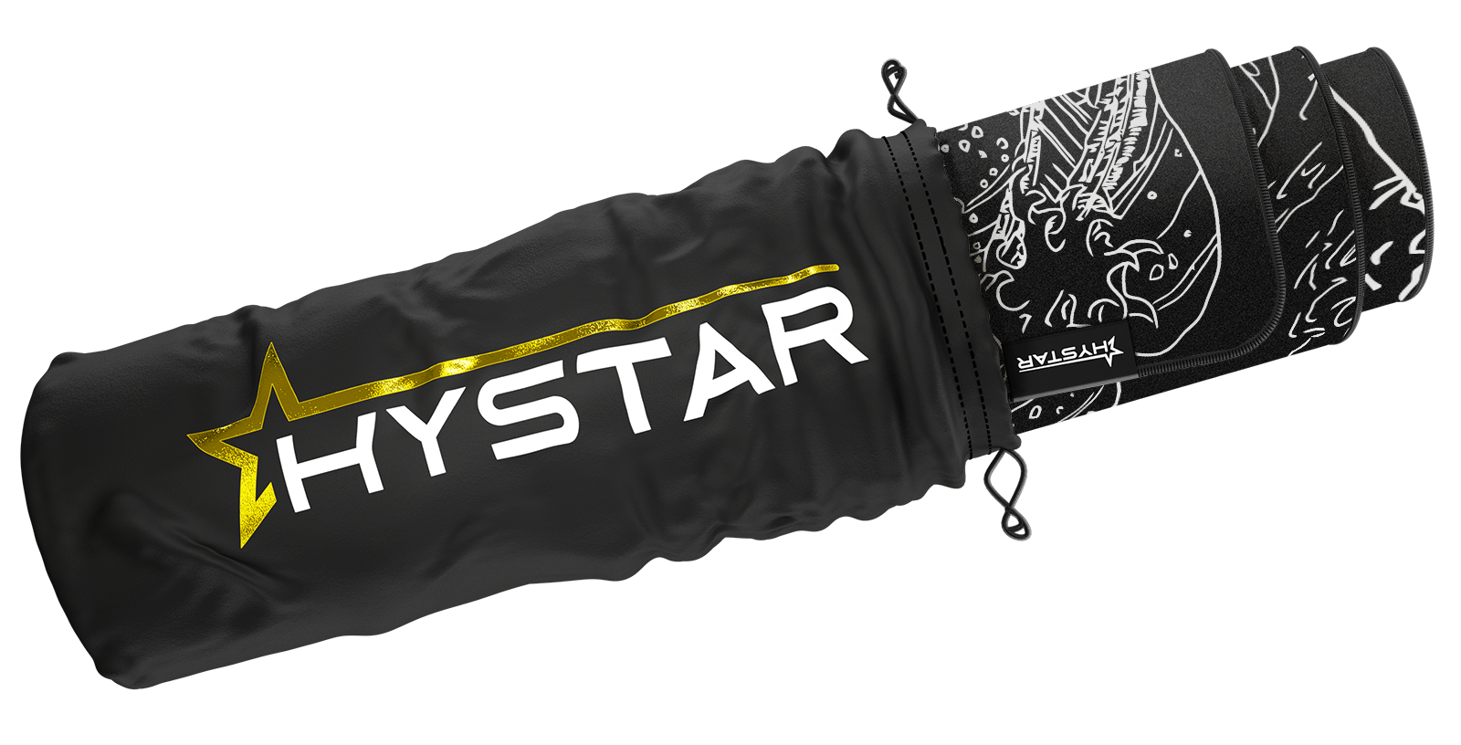 Hystar The Great Wave deskmat in Black rolled up in its carry bag. Black XXL (36" x 16"), Black XXXL (45" x 20")
