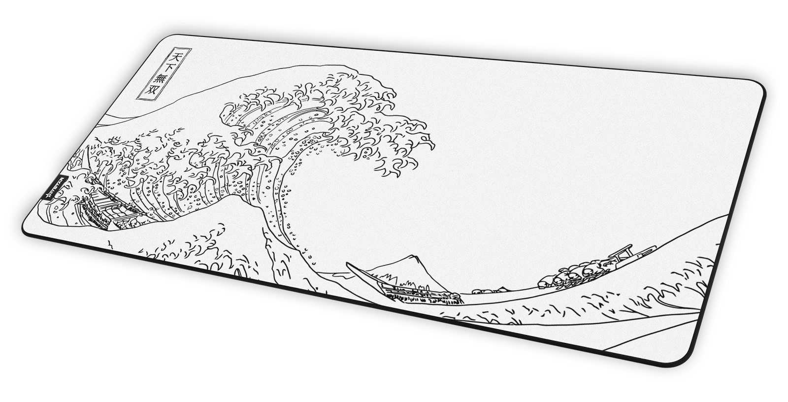 Hystar The Great Wave deskmat in White at an angle on a desk. White XXL (36" x 16"), White XXXL (45" x 20")