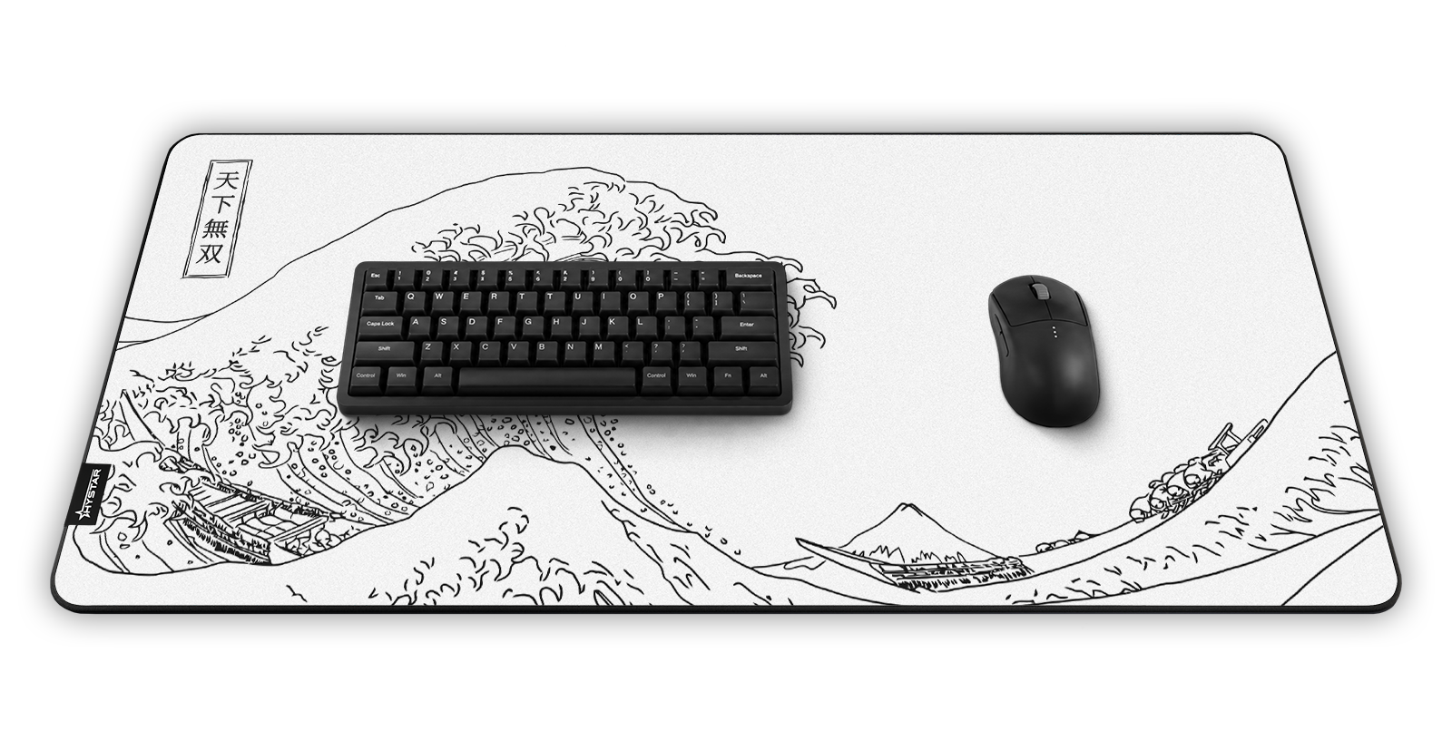 Hystar The Great Wave deskmat in White, shown in a desk setup with keyboard and mouse. White XXL (36" x 16"), White XXXL (45" x 20")