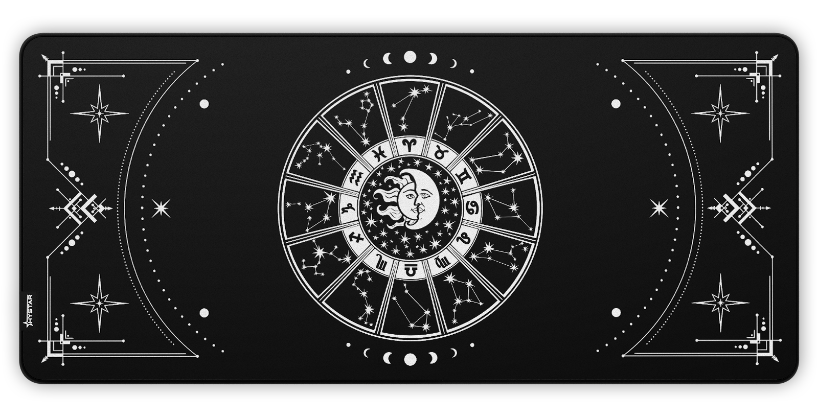 Hystar Zodiac deskmat in Dark, top-down view of the full print. Dark XXL (36