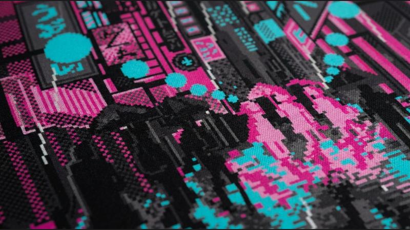 Retro Tokyo Pink and Teal dye-sublimated print close-up